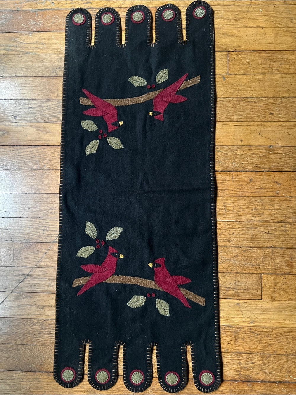 Black Wool Table Runner with the same uRed Cardinal Appliqués